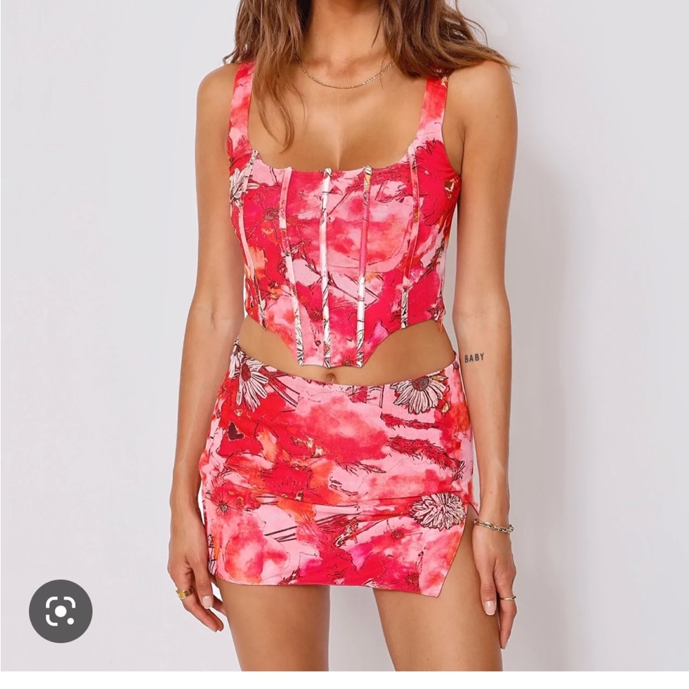 Red floral pants and top set